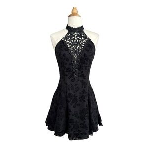 ZUM ZUM Vintage 90s Black Halter Mini Dress Flocked Velvet‎ Floral Made USA S